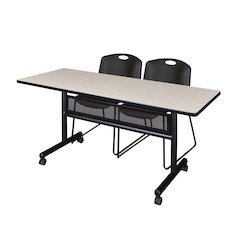 60 x 24 in. Flip-Top Privacy Nesting Table- Maple, 2 Zeng Stack Chairs- Black