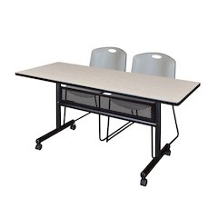 60 x 24 in. Flip-Top Privacy Nesting Table- Maple, 2 Zeng Stack Chairs- Grey
