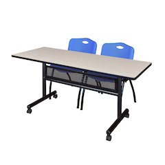 60 x 24 in. Flip-Top Privacy Nesting Table- Maple, 2 M Stack Chairs- Blue