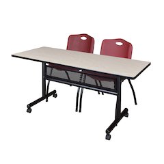 60 x 24 in. Flip-Top Privacy Nesting Table- Maple, 2 M Stack Chairs- Burgundy