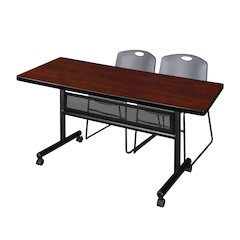 60 x 30 in. Flip-Top Privacy Nesting Table- Cherry, 2 Zeng Stack Chairs- Grey