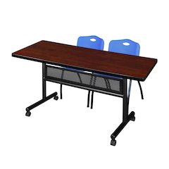 60 x 30 in. Flip-Top Privacy Nesting Table- Cherry, 2 M Stack Chairs- Blue