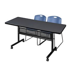 60 x 30 in. Flip-Top Privacy Nesting Table- Grey, 2 Zeng Stack Chairs- Blue