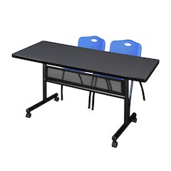 60 x 30 in. Flip-Top Privacy Nesting Table- Grey, 2 M Stack Chairs- Blue