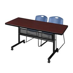 60 x 30 in. Flip-Top Privacy Nesting Table- Mahogany, 2 Zeng Stack Chairs- Blue