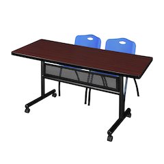 60 x 30 in. Flip-Top Privacy Nesting Table- Mahogany, 2 M Stack Chairs- Blue
