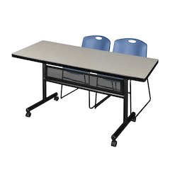 60 x 30 in. Flip-Top Privacy Nesting Table- Maple, 2 Zeng Stack Chairs- Blue