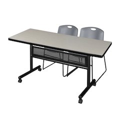 60 x 30 in. Flip-Top Privacy Nesting Table- Maple, 2 Zeng Stack Chairs- Grey