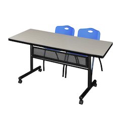 60 x 30 in. Flip-Top Privacy Nesting Table- Maple, 2 M Stack Chairs- Blue