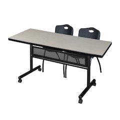 60 x 30 in. Flip-Top Privacy Nesting Table- Maple, 2 M Stack Chairs- Black