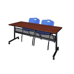 72 x 24 in. Flip-Top Privacy Nesting Table- Cherry, 2 M Stack Chairs- Blue