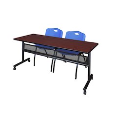 72 x 24 in. Flip-Top Privacy Nesting Table- Mahogany, 2 M Stack Chairs- Blue