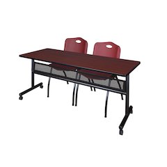 72 x 24 in. Flip-Top Privacy Nesting Table- Mahogany, 2 M Stack Chairs- Burgundy