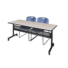 72 x 24 in. Flip-Top Privacy Nesting Table- Maple, 2 Zeng Stack Chairs- Blue