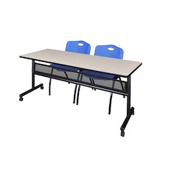 72 x 24 in. Flip-Top Privacy Nesting Table- Maple, 2 M Stack Chairs- Blue