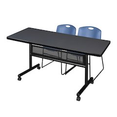 72 x 30 in. Flip-Top Privacy Nesting Table- Grey, 2 Zeng Stack Chairs- Blue