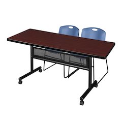 72 x 30 in. Flip-Top Privacy Nesting Table- Mahogany, 2 Zeng Stack Chairs- Blue
