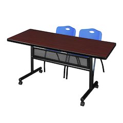 72 x 30 in. Flip-Top Privacy Nesting Table- Mahogany, 2 M Stack Chairs- Blue