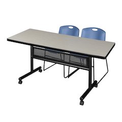 72 x 30 in. Flip-Top Privacy Nesting Table- Maple, 2 Zeng Stack Chairs- Blue