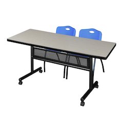 72 x 30 in. Flip-Top Privacy Nesting Table- Maple, 2 M Stack Chairs- Blue