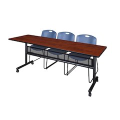 84 x 24 in. Flip-Top Privacy Nesting Table- Cherry, 3 Zeng Stack Chairs- Blue