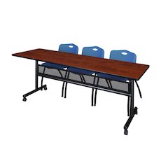 84 x 24 in. Flip-Top Privacy Nesting Table- Cherry, 3 M Stack Chairs- Blue