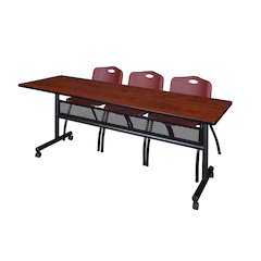 84 x 24 in. Flip-Top Privacy Nesting Table- Cherry, 3 M Stack Chairs- Burgundy