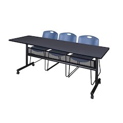 84 x 24 in. Flip-Top Privacy Nesting Table- Grey, 2 Zeng Stack Chairs- Blue