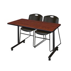 48 x 24 in. Mobile T-Base Training Table- Cherry, 2 Zeng Stack Chairs- Black