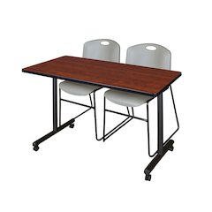 48 x 24 in. Mobile T-Base Training Table- Cherry, 2 Zeng Stack Chairs- Grey
