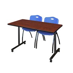 48 x 24 in. Mobile T-Base Training Table- Cherry, 2 M Stack Chairs- Blue