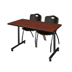 48 x 24 in. Mobile T-Base Training Table- Cherry, 2 M Stack Chairs- Black