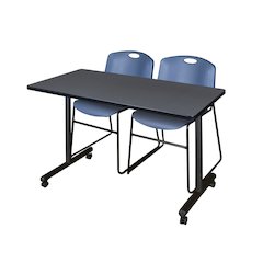 48 x 24 in. Mobile T-Base Training Table- Grey, 2 Zeng Stack Chairs- Blue