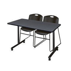 48 x 24 in. Mobile T-Base Training Table- Grey, 2 Zeng Stack Chairs- Black