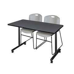48 x 24 in. Mobile T-Base Training Table- Grey, 2 Zeng Stack Chairs- Grey