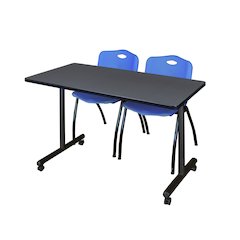48 x 24 in. Mobile T-Base Training Table- Grey, 2 M Stack Chairs- Blue