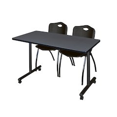 48 x 24 in. Mobile T-Base Training Table- Grey, 2 M Stack Chairs- Black