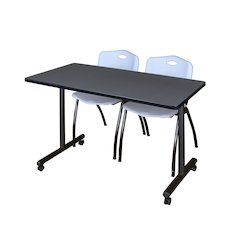 48 x 24 in. Mobile T-Base Training Table- Grey, 2 M Stack Chairs- Grey