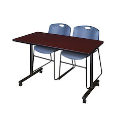 48 x 24 in. Mobile T-Base Training Table- Mahogany, 2 Zeng Stack Chairs- Blue