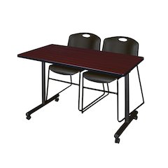 48 x 24 in. Mobile T-Base Training Table- Mahogany, 2 Zeng Stack Chairs- Black
