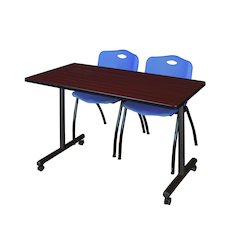 48 x 24 in. Mobile T-Base Training Table- Mahogany, 2 M Stack Chairs- Blue