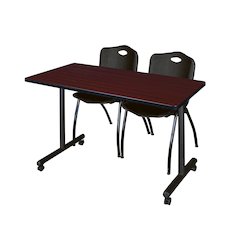 48 x 24 in. Mobile T-Base Training Table- Mahogany, 2 M Stack Chairs- Black