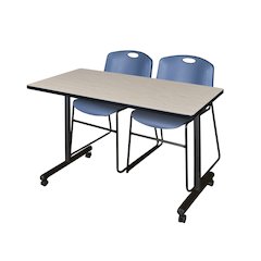 48 x 24 in. Mobile T-Base Training Table- Maple, 2 Zeng Stack Chairs- Blue
