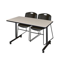 48 x 24 in. Mobile T-Base Training Table- Maple, 2 Zeng Stack Chairs- Black