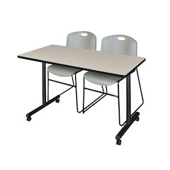 48 x 24 in. Mobile T-Base Training Table- Maple, 2 Zeng Stack Chairs- Grey