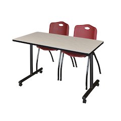 48 x 24 in. Mobile T-Base Training Table- Maple, 2 M Stack Chairs- Burgundy