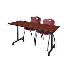 60 x 24 in. Mobile T-Base Training Table- Cherry, 2 M Stack Chairs- Burgundy