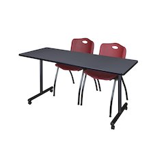 60 x 24 in. Mobile T-Base Training Table- Grey, 2 M Stack Chairs- Burgundy