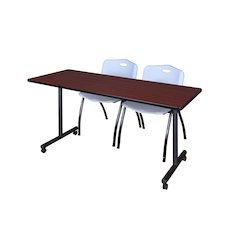 60 x 24 in. Mobile T-Base Training Table- Mahogany, 2 M Stack Chairs- Grey