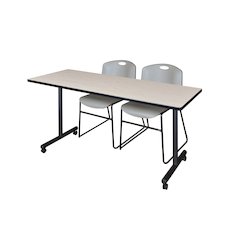60 x 24 in. Mobile T-Base Training Table- Maple, 2 Zeng Stack Chairs- Grey